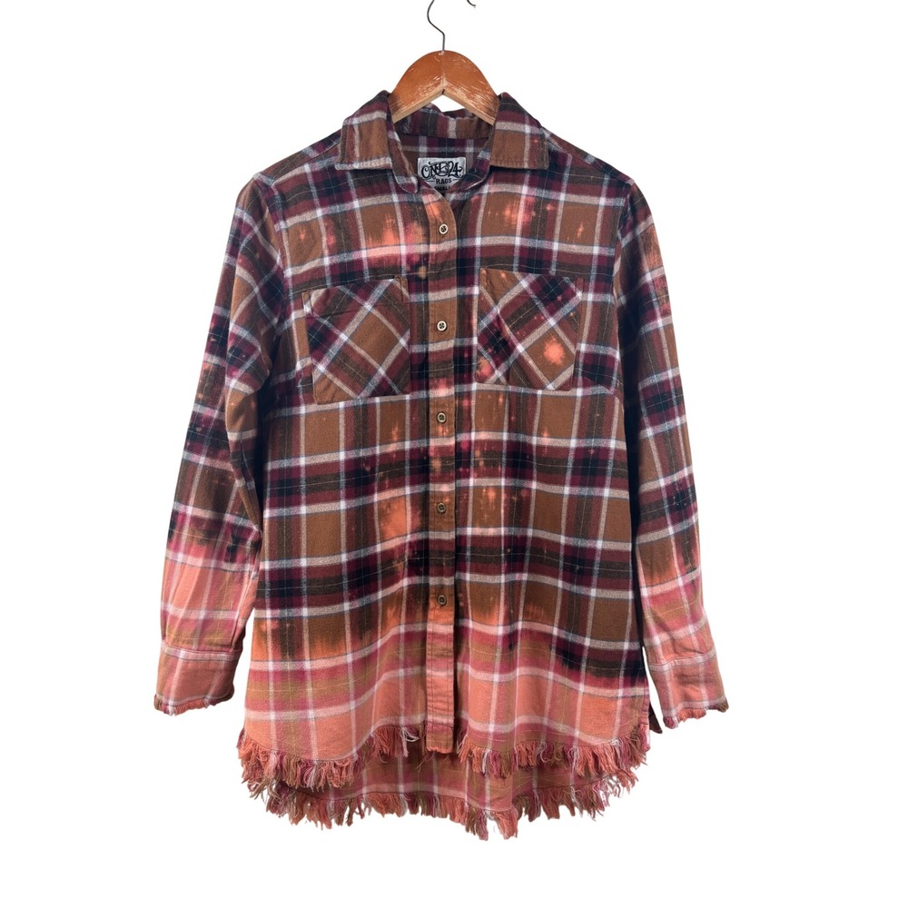 ONE 24 RAGS‎ Distressed Bleached Plaid Flannel Shirt Women's Small Frayed Hem